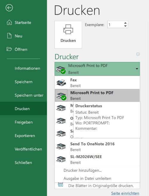 Excel Insights: Screenshot Drucken mit Microsoft Print To PDF